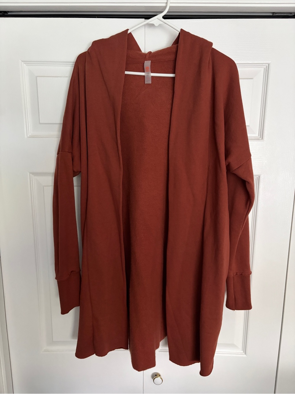 Mono B Open-Front Hooded Cardigan in Rust